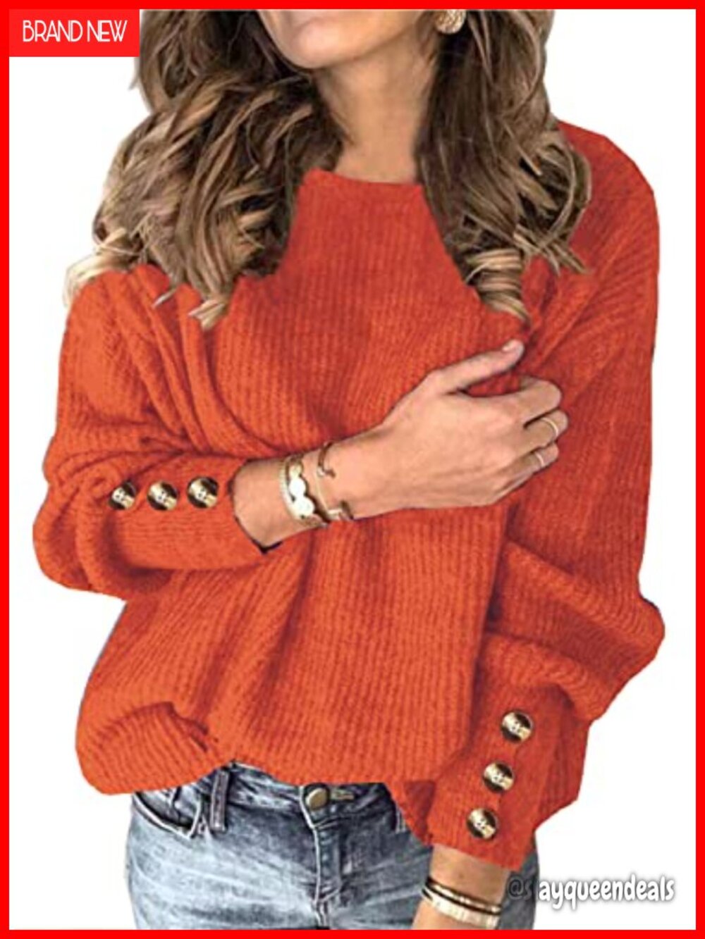 Womens Batwing Long Sleeve Crewneck Loose Knit Pullover Sweater with Buttons
